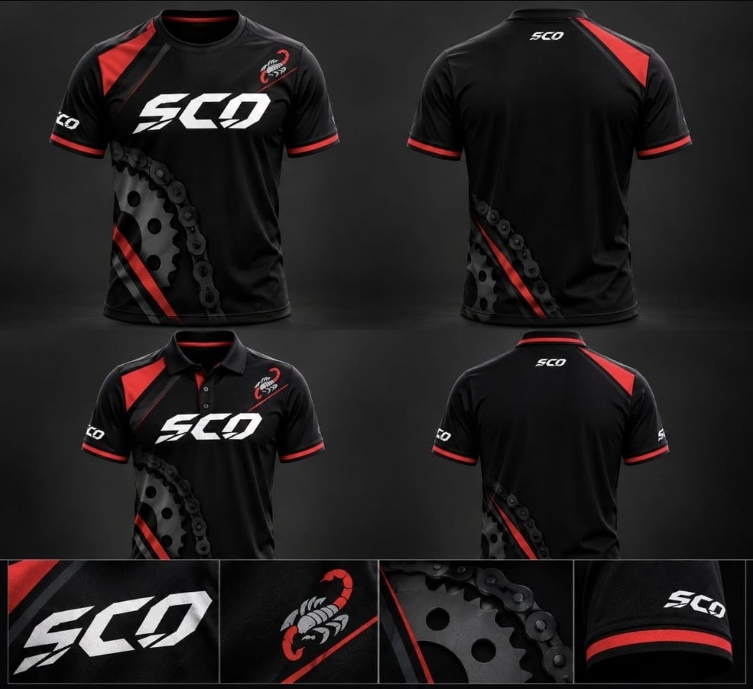 Diseños de camiseta y polo SCO en negro y rojo, con logo blanco, escorpión y gráficos de piñón y cadena