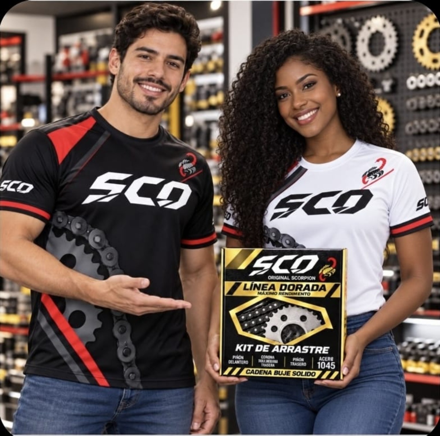 Imagen promocional de SCO Original Scorpion con dos personas mostrando un kit de arrastre Línea Dorada